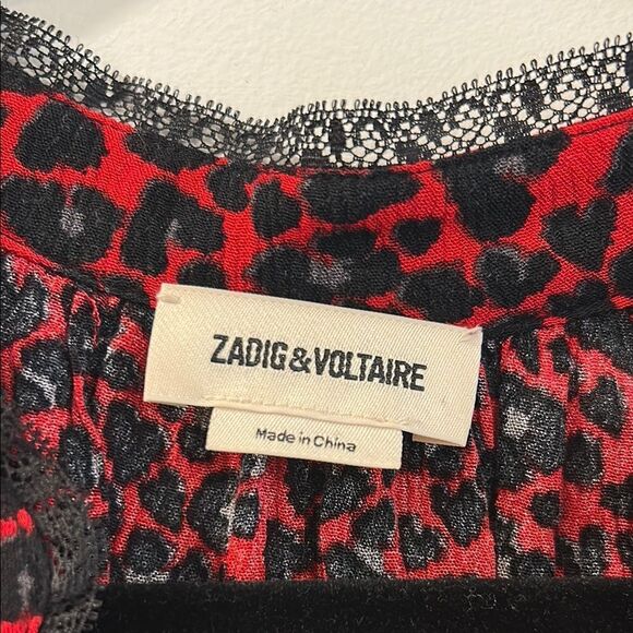 Zadig & Voltaire Black and Red Leopard Print V-Neck Blouse, Size Medium - Picture 3 of 10
